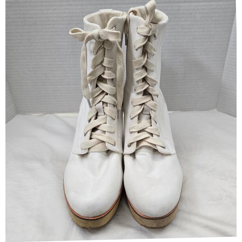 Charlotte Stone White Canvas Lace Up Platform Block Heel Boots Womens Size 9 - Picture 4 of 11